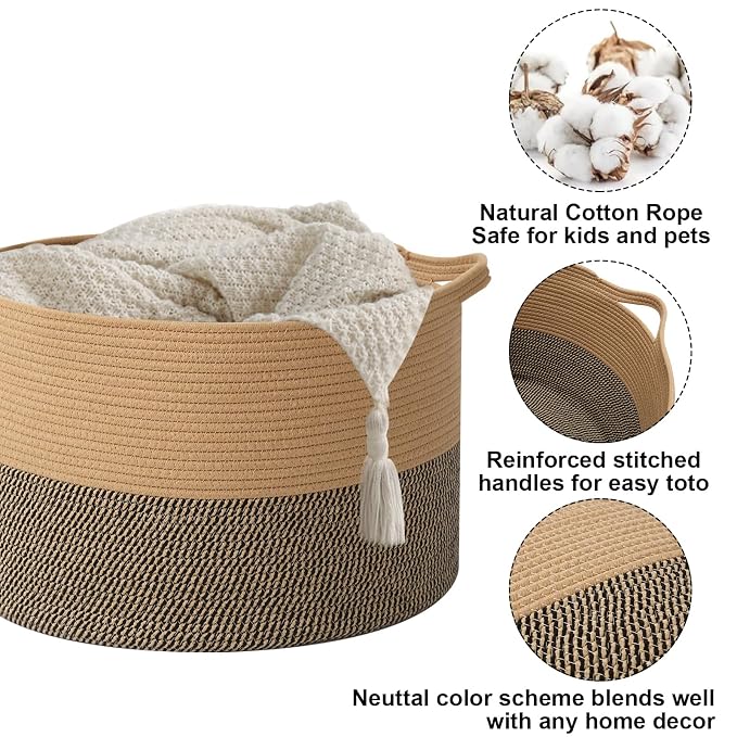 115L Extra Large Blanket Basket, Woven Rope Laundry Basket Hamper - Image 3