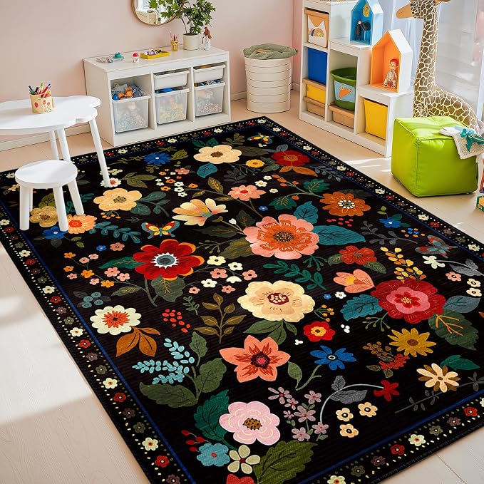 RELEANY Floral Washable 5x7 Area Rugs Black | Flower Carpet Print Boho Cute Non - Image 9