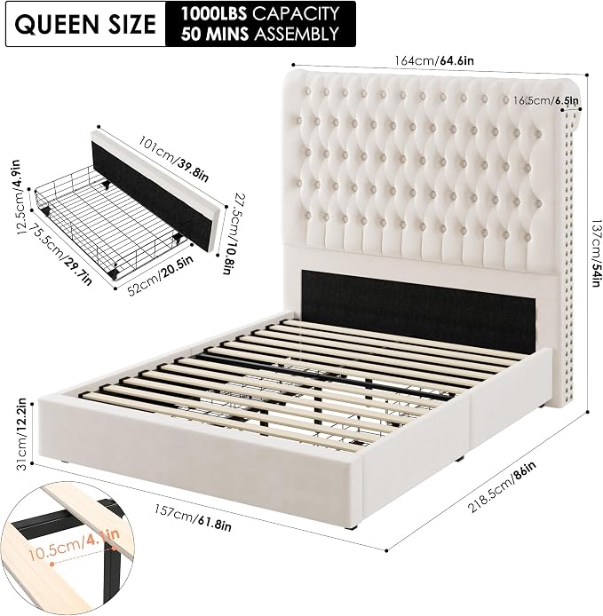 Queen Size Bed Frame 54" Tall Headboard - Image 2