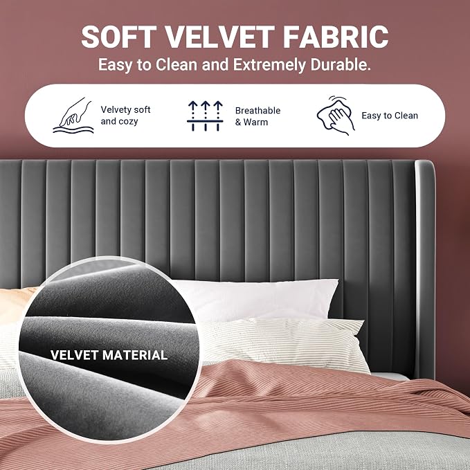 Allewie Full Size Velvet Bed Frame/Vertical Channel Tufted Wingback - Image 6