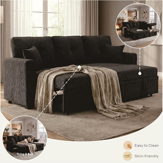 L Shaped Sectional Couch with Storage and Pull Out Bed, 3 Seater Sleeper Sofas - Image 7