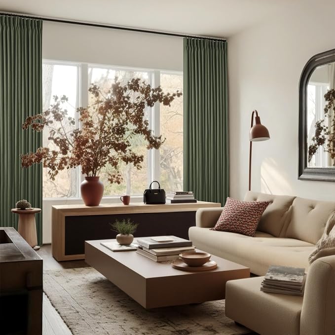 Olive Pinch Pleated 100% Blackout Linen 80 Inch Window Curtains | Room - Image 9