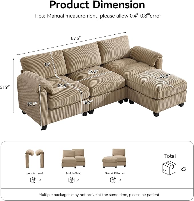 87.5'' L Shaped Modular Sectional Sofa, 3 Seater Cloud Couch - Image 2
