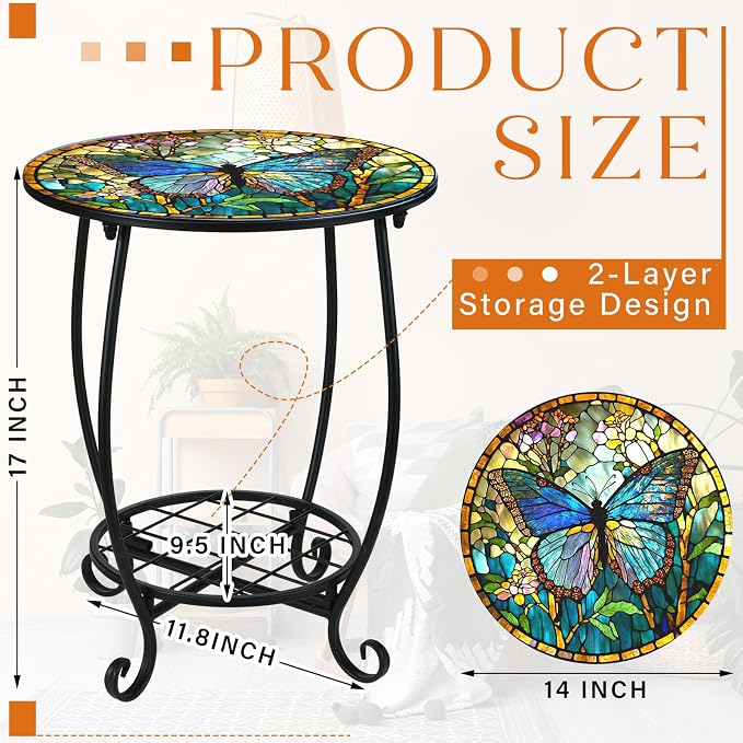 Cinnvoice Outdoor Side Table Round Small Mosaic Patio Accent Indoor End Plant - Image 3