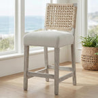 27" White Bar Stools for Kitchen Counter, Mid Century Linen Fabric Counter - Image 9