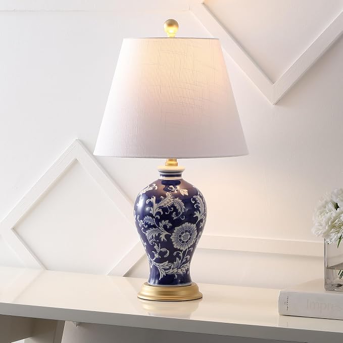 JONATHAN Y 24" Navy/White French Country Ceramic Floral Urn Table Lamp - Image 2