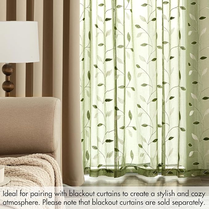 MIULEE Sage Green Sheer Curtains 2 Panels Leaf Patterned, W52 x L54 | - Image 7