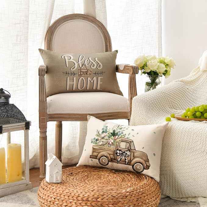 AVOIN Colorlife Bless Our Home Farmhouse Eucalyptus Leaves Throw Pillow Covers - Image 3