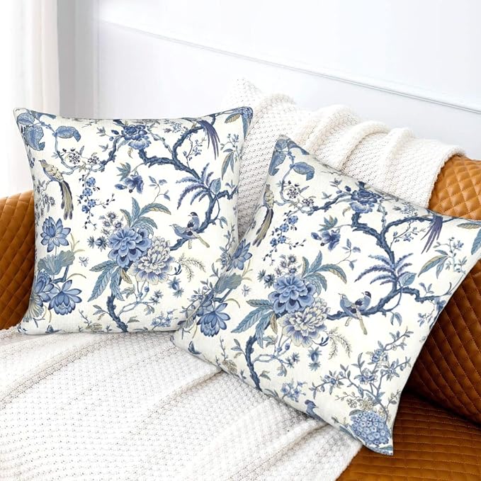 Chinoiserie Blue and White Pillow Covers 18x18 Set of 2, Bird and Flowers Throw - Image 6