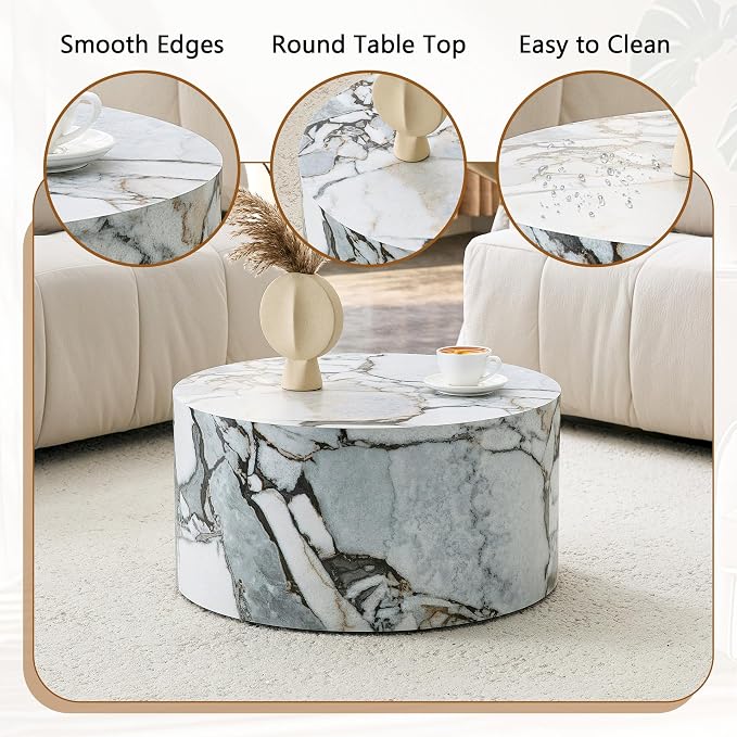 Round Coffee Table, 23.6" Modern Faux Marble Drum Coffee Table, Round Accent - Image 6