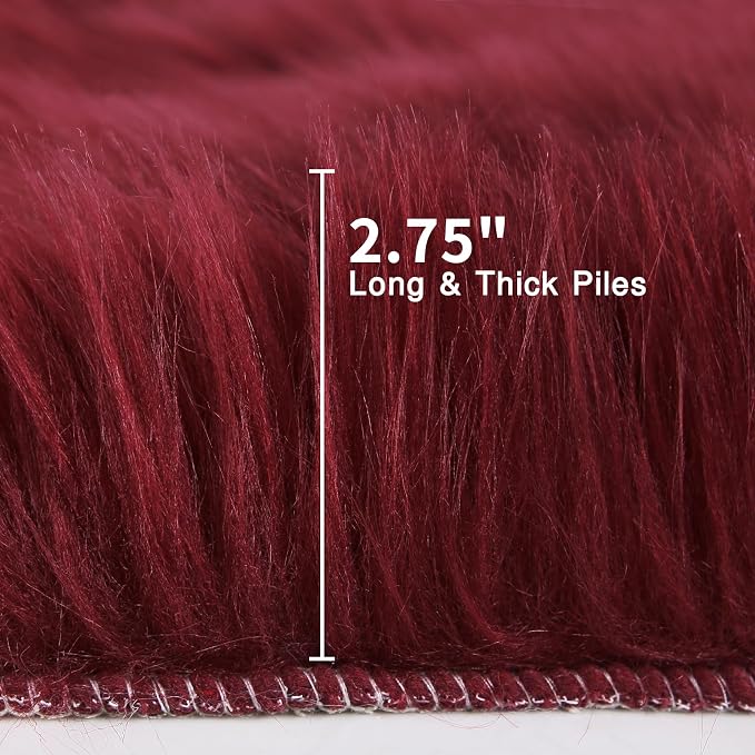 duduta Burgundy Faux Sheepskin Runner Rugs 2x6 ft, Fluffy Fur Couch Covers | - Image 2