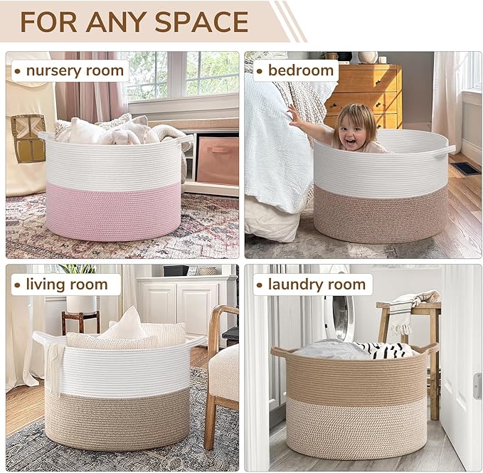 INDRESSME 115L Extra Large Blanket Basket, Soft Cotton Rope Storage Baskets - Image 4