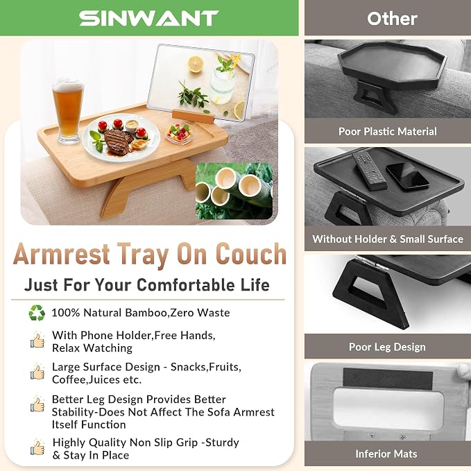 SINWANT Couch Arm Tray, Bamboo Sofa Clip on Side Table, Foldable Couch Armrest - Image 5
