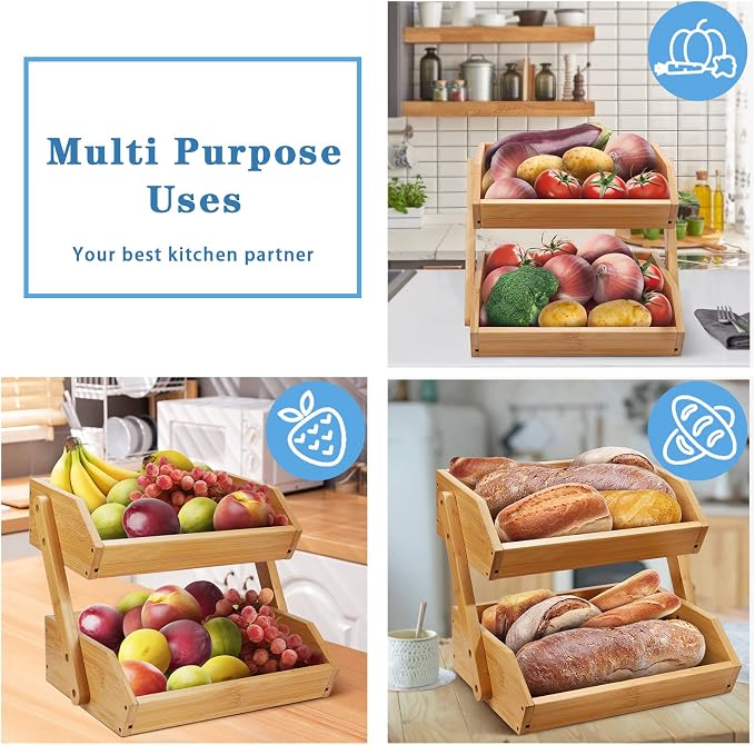 Merysen 2 Tier Fruit Basket For Kitchen- Bamboo Fruit and Vegetable Storage - Image 7