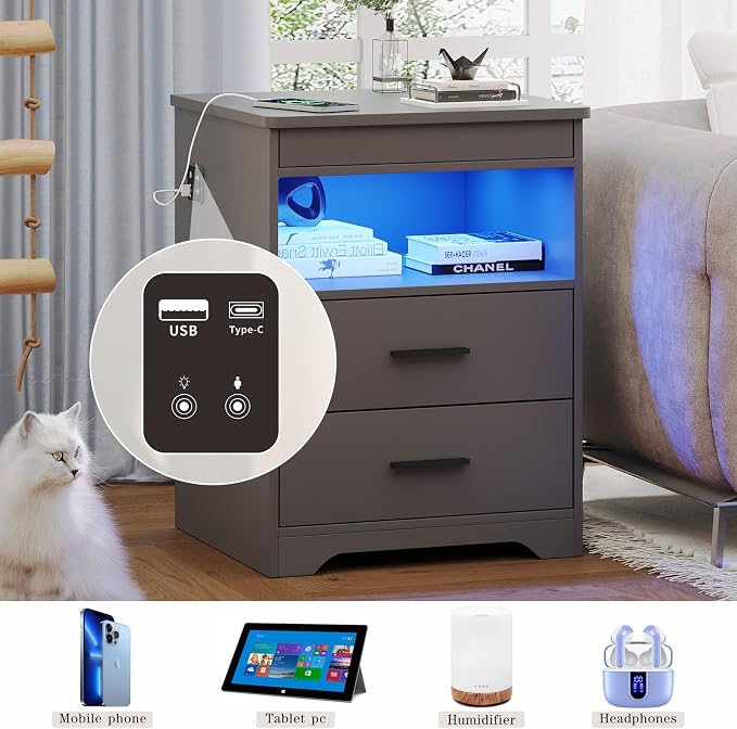 Nightstand with Gun Drawer, Charging Bedside Table with USB & Type-C Port - Image 6