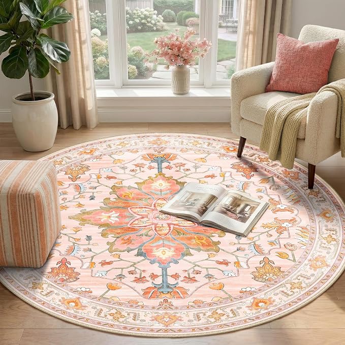 RELEANY Washable Area Rug, Round 4ft, Water Repellent, Pet Friendly, Vintage - Image 2