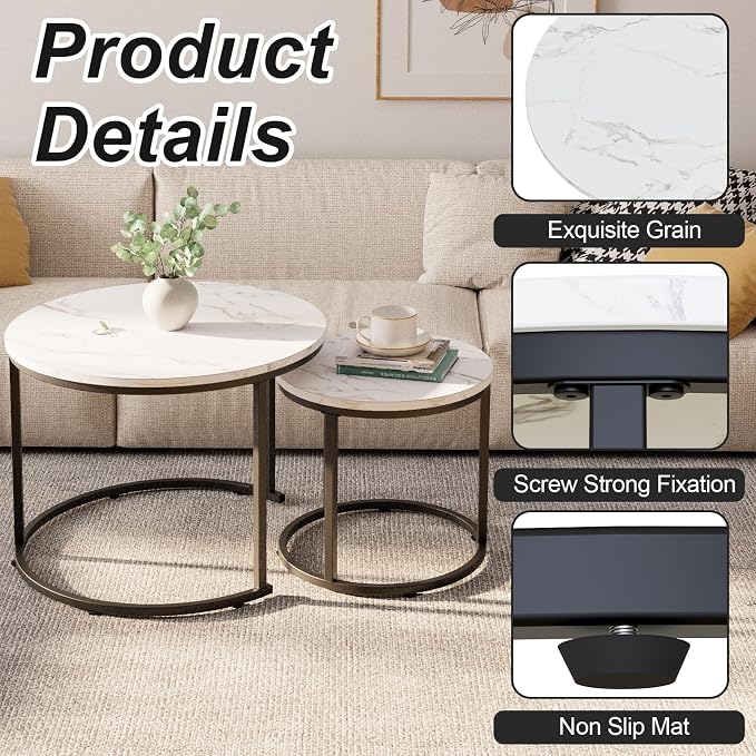 aboxoo Round Nesting Coffee Table Side Table Set of 2 End Tables - Image 6