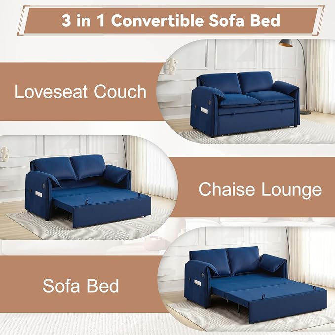 63" Velvet 3 in 1 Convertible Sleeper Sofa Bed, Pull Out Couch Bed Loveseat - Image 7