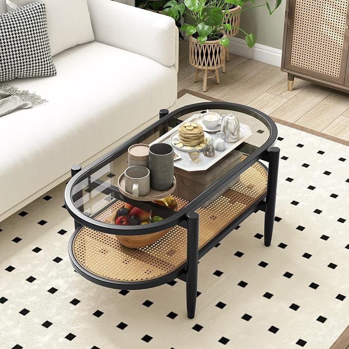 Giantex Rattan Coffee Table, 2-Tier Oval Wood Tea Table - Image 8