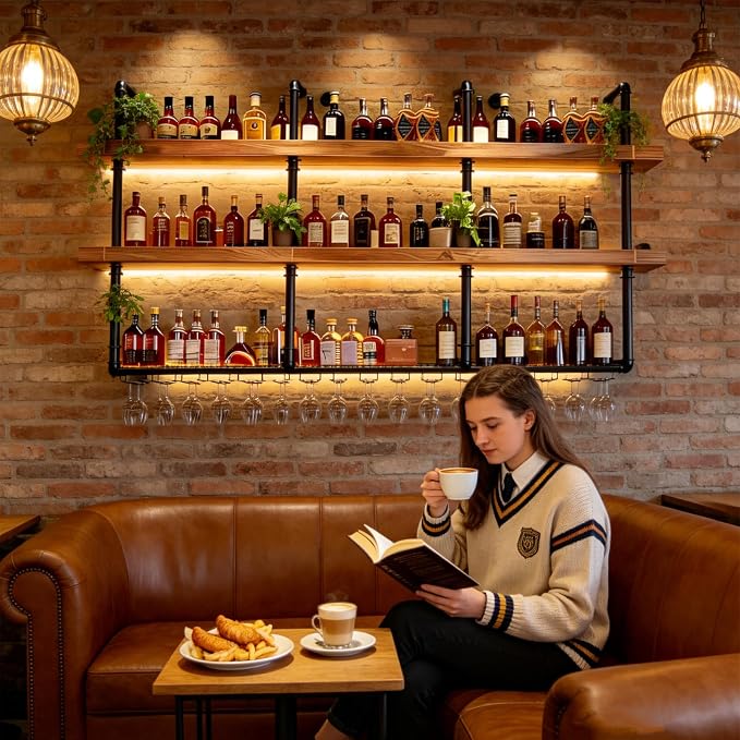 Wall Mounted Wine Rack with LED Lights, 4-Tier Industrial Wood Floating Shelves - Image 7