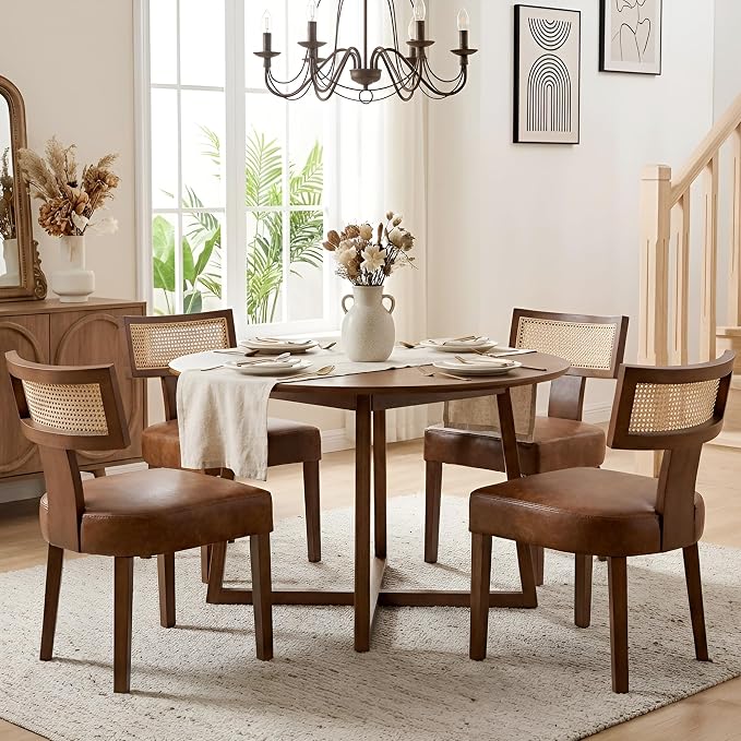 HNY Mid Century Modern Rattan Dining Chairs Set of 4, Farmhouse PU Leather by HNY