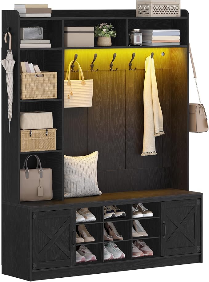 Hzuaneri 59.8" Hall Tree, LED Farmhouse Entryway Storage and Coat Rack Wood by Hzuaneri