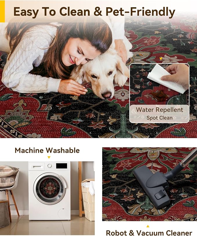 RELEANY Washable Area Rug, Round 8ft, Water Repellent, Pet Friendly, Vintage - Image 5