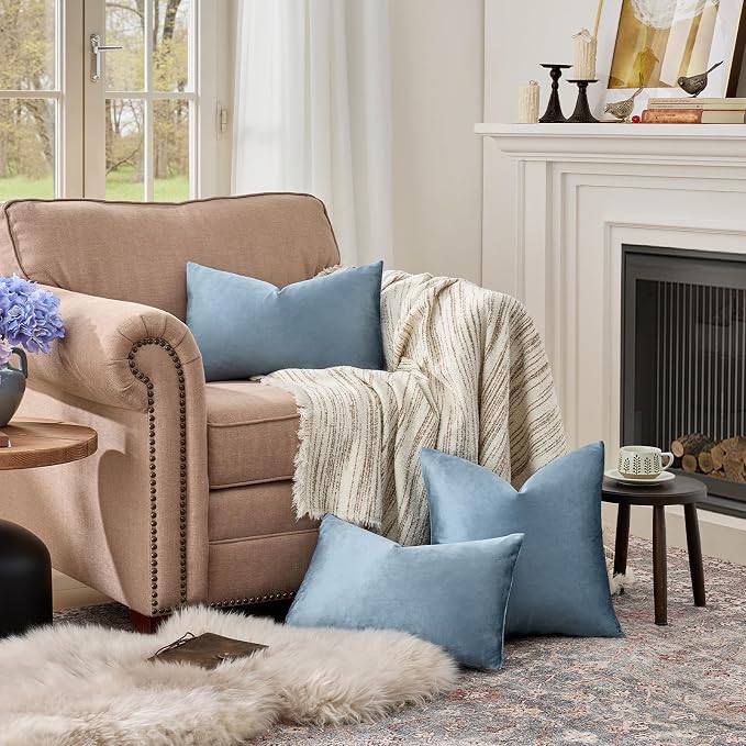 GIGIZAZA Stone Blue Velvet Throw Pillow Covers 12x20 Pack of 2 | Decorative - Image 3