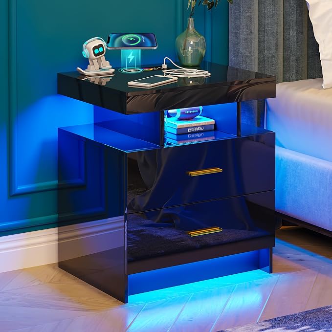 WOOVIVS Night Stand Set 2 with USB/Type-C/Wireless Charging Station, Blakc - Image 2