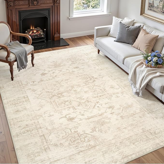 5x7 Area Rugs Living Room: Bedroom Washable Carpet Beige/Brown | Large Vintage - Image 3