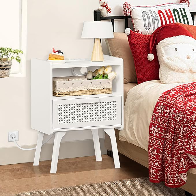 Lerliuo Rattan Nightstand with Charging Station, Side Table with Drawer Open - Image 6