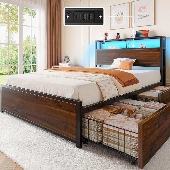 Rolanstar Twin Bed Frame with 4 Storage Drawers, Charging Station and LED Lights by Rolanstar