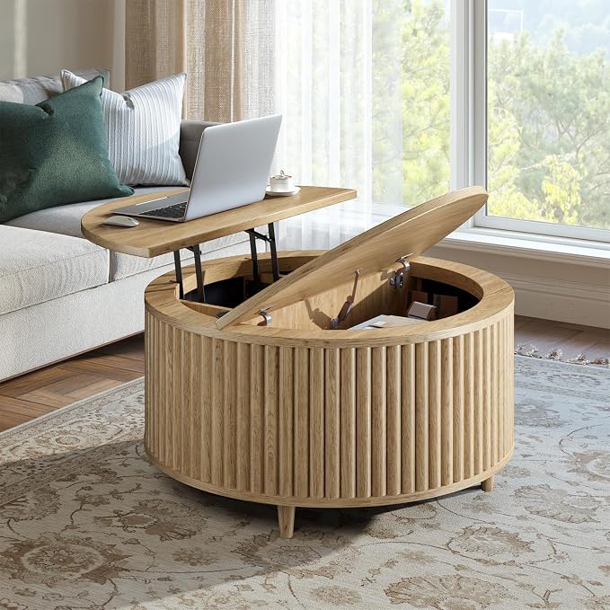 Evermagin 31.5'' Round Coffee Table, Fluted Lift Top Oak Coffee Table by Evermagin
