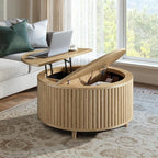 Evermagin 31.5'' Round Coffee Table, Fluted Lift Top Oak Coffee Table by Evermagin
