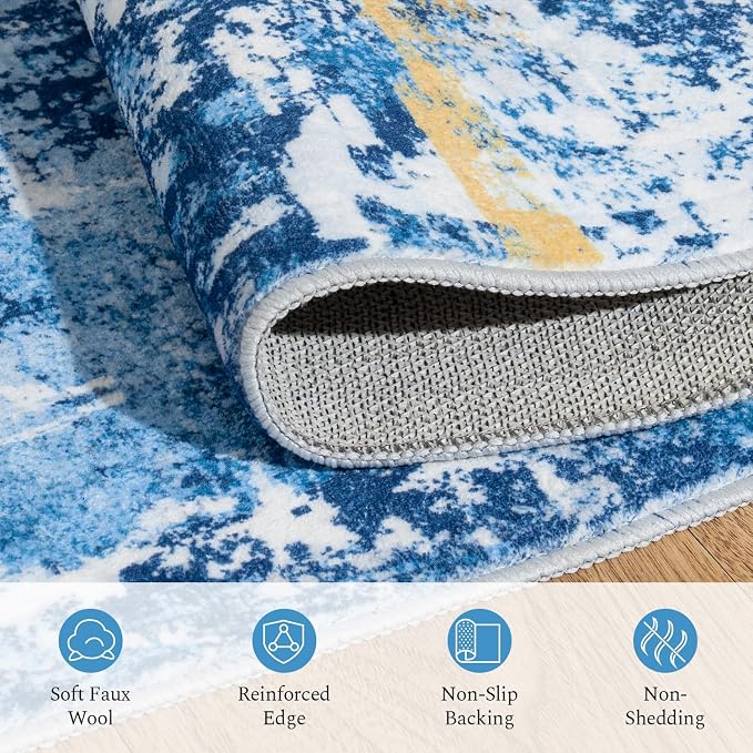 Rugflix 5x7 Area Rugs for Living Room, Washable Sky Blue Gold Large Rug | - Image 7
