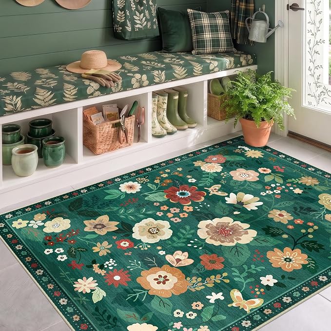 RELEANY Floral Washable 4x6 Area Rugs DarkGreen | Flower Carpet Print Boho Cute - Image 2