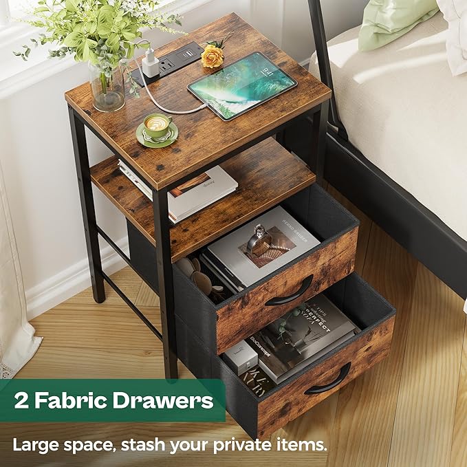 Huuger Nightstand with Charging Station, Fabric Drawers, End Table with Open - Image 5