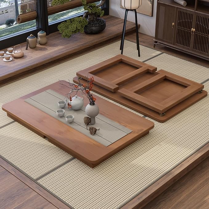 Japanese Floor Table, Bamboo Folding Coffee Table, Portable Solid Wood Japanese - Image 2