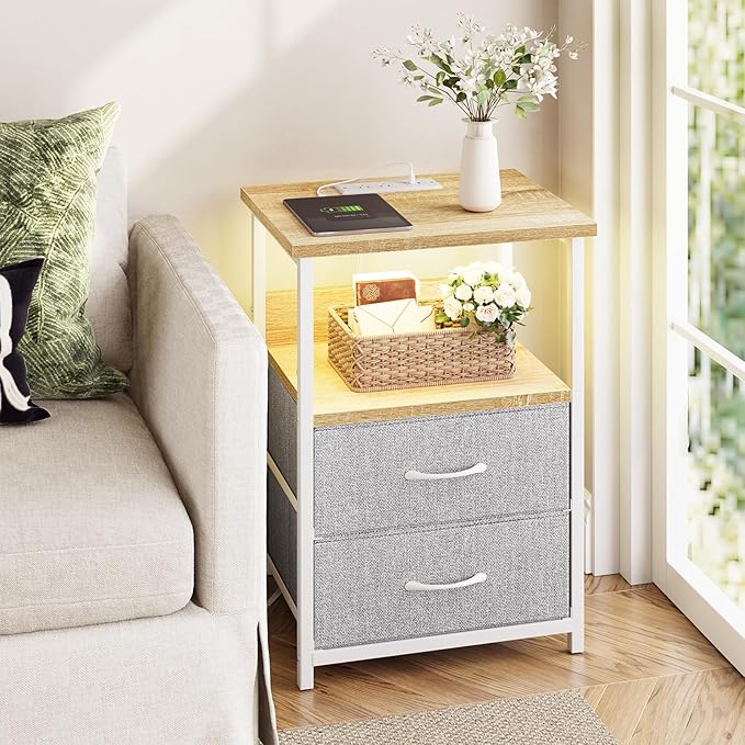 Fixwal Night Stand with Charging Station, LED Nightstand with U-S-B Ports and by Fixwal