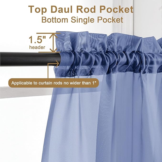 Chyhomenyc Sheer Curtains 63 Inch Length 2 Panels, Royal Blue | Light Filtering - Image 2