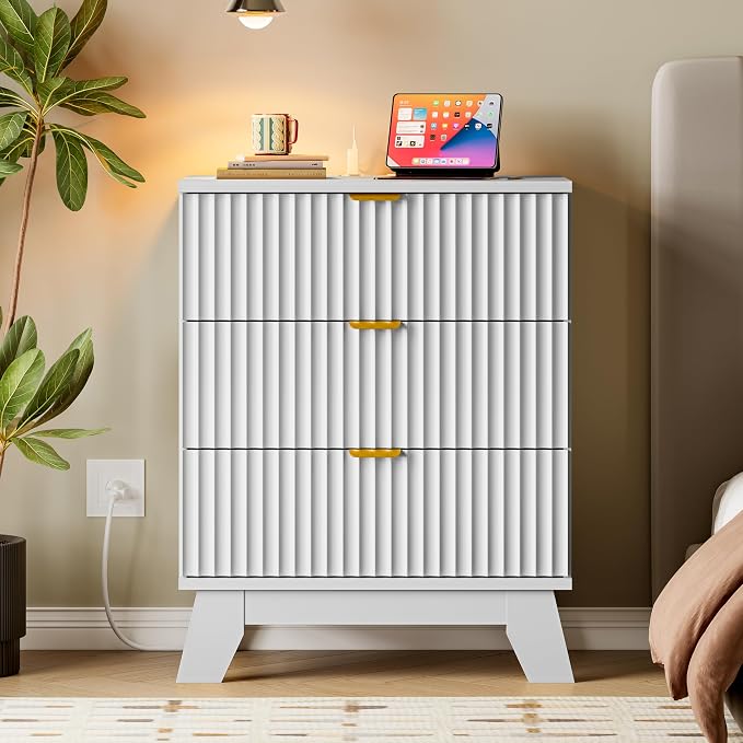 BORNOON 30.5" Nightstand with Charging Station, 3-Drawer Fluted Bedroom Chest - Image 7