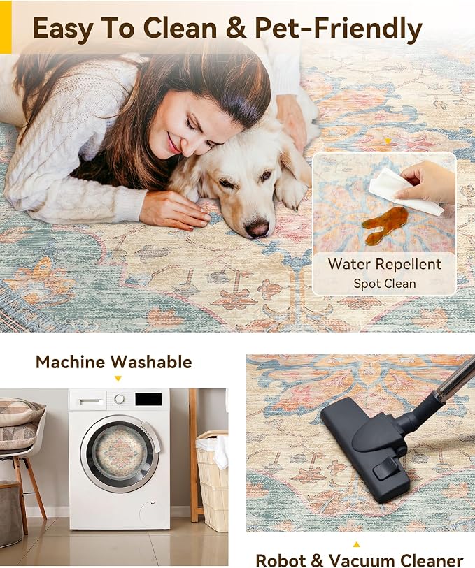 RELEANY Washable Area Rug, Round 6ft, Water Repellent, Pet Friendly, Vintage - Image 5