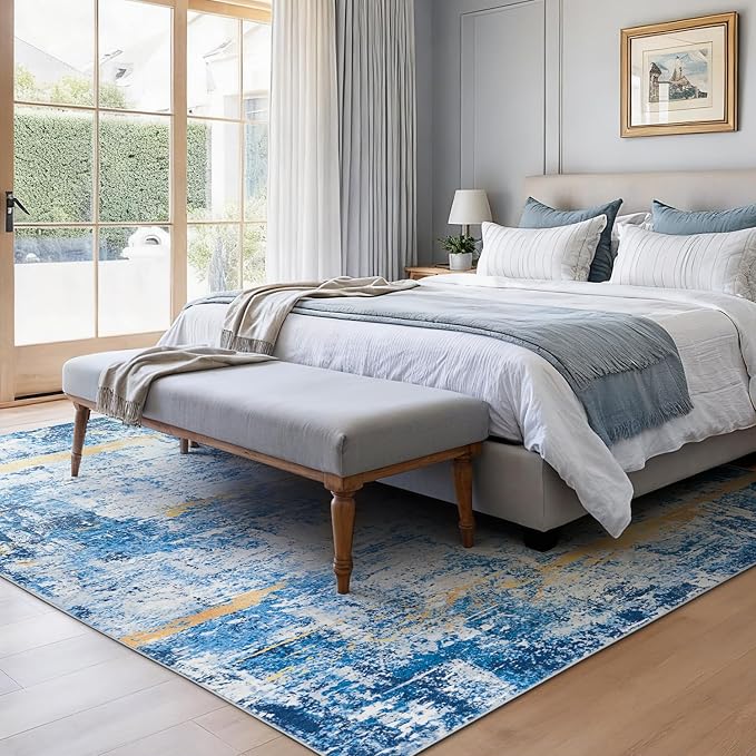 Rugflix 5x7 Area Rugs for Living Room, Washable Sky Blue Gold Large Rug | - Image 2