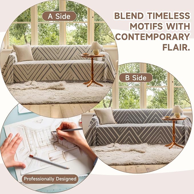 VClife Beige Gray Herringbone Couch Cover Modern Simple Style Geometric - Image 3