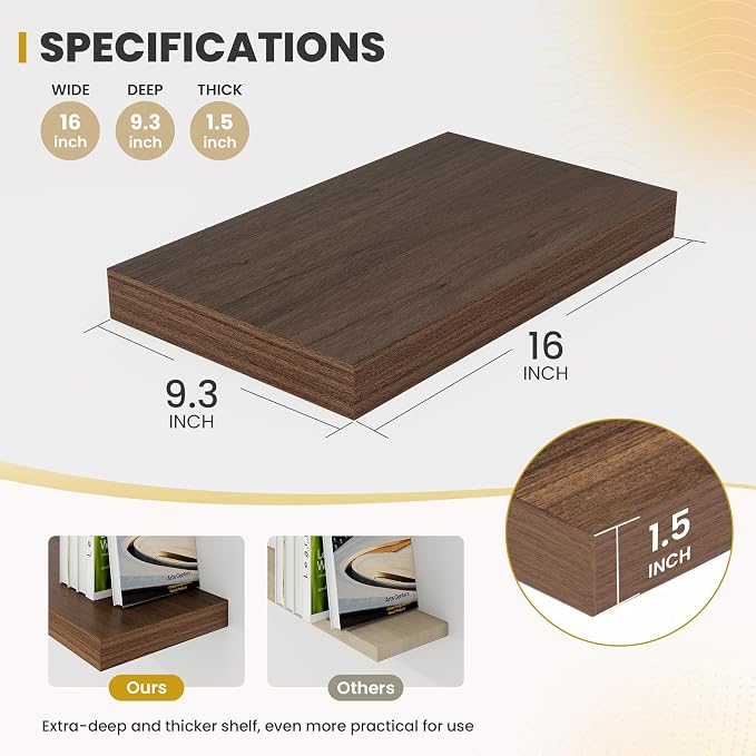 Acovy 16 Inch Floating Shelves, 9.3" Deep Floating Shelf Wall Mounted, Rustic - Image 3