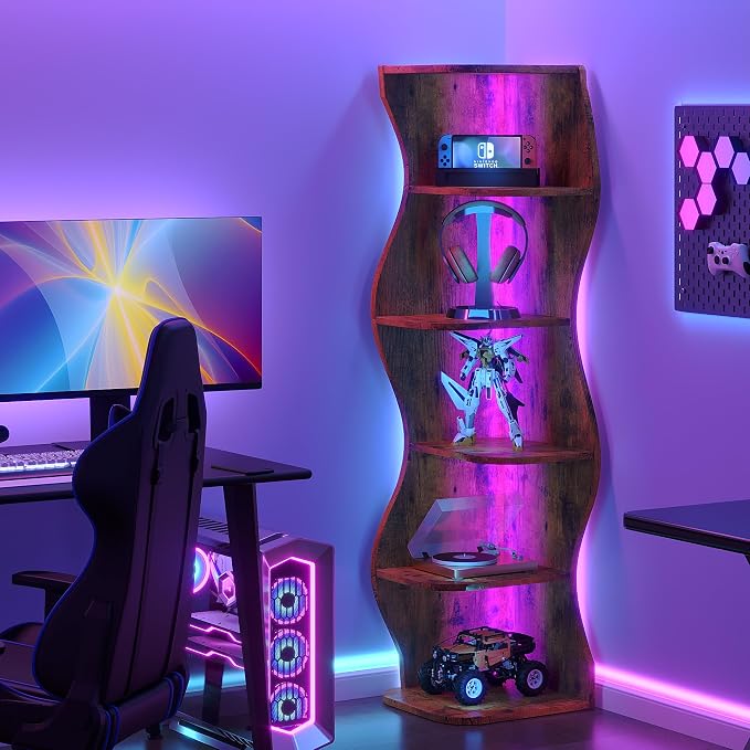 VECELO Wavy Corner Shelf with LED Light, Decorative 6-Tier Corner Display - Image 3