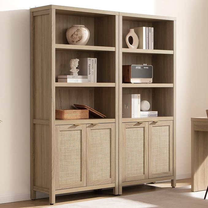 SICOTAS Bookcase 71" Tall Bookshelf 5 Tier Rattan Boho Bookcase by SICOTAS