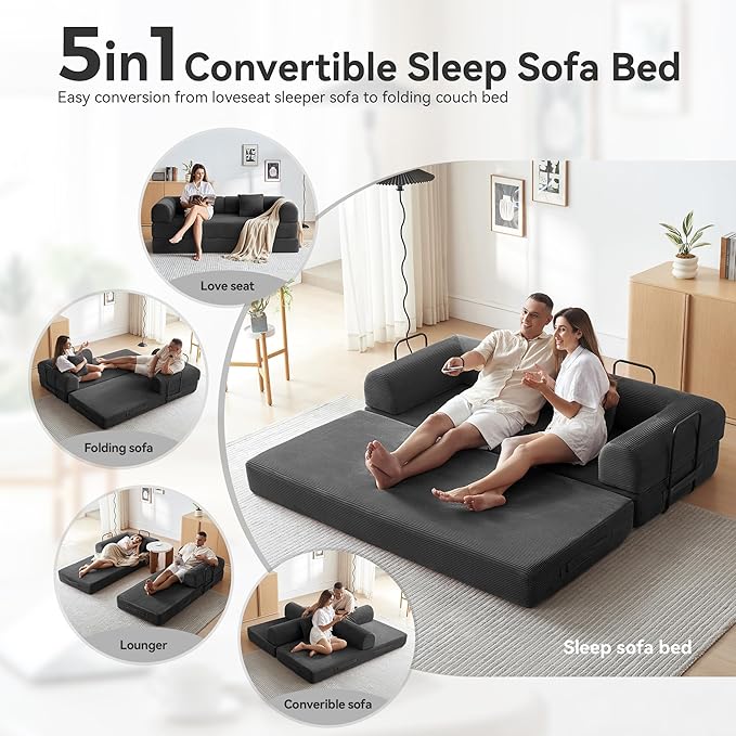 Convertible Sleeper Bed with 2 Cylindrical Pillow, Comfy Foldable Bed - Image 3