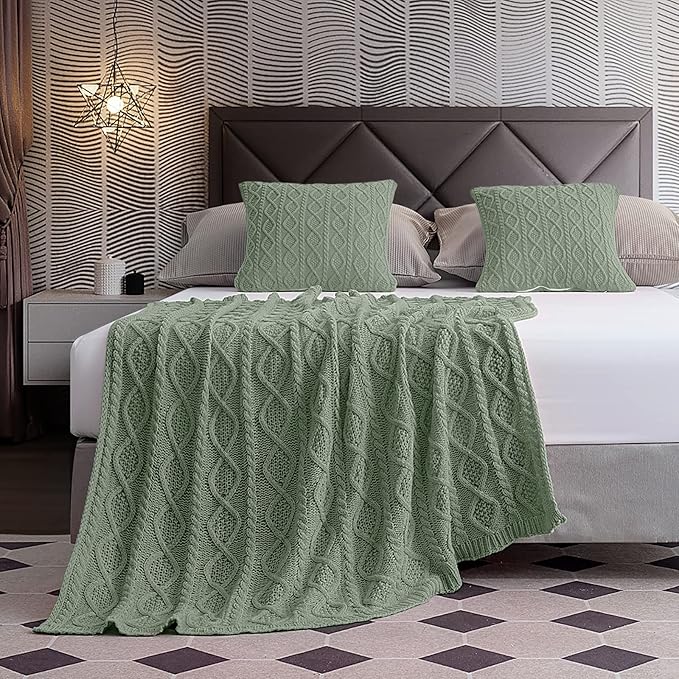 Homiest Cable Knit Throw Blanket and Pillow Set, Sage Green Set of 3, Knitted - Image 5