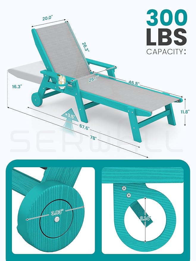 SERWALL Textilene Patio Chaise Lounge Chair, 5 Positions Adjustable Outdoor - Image 2